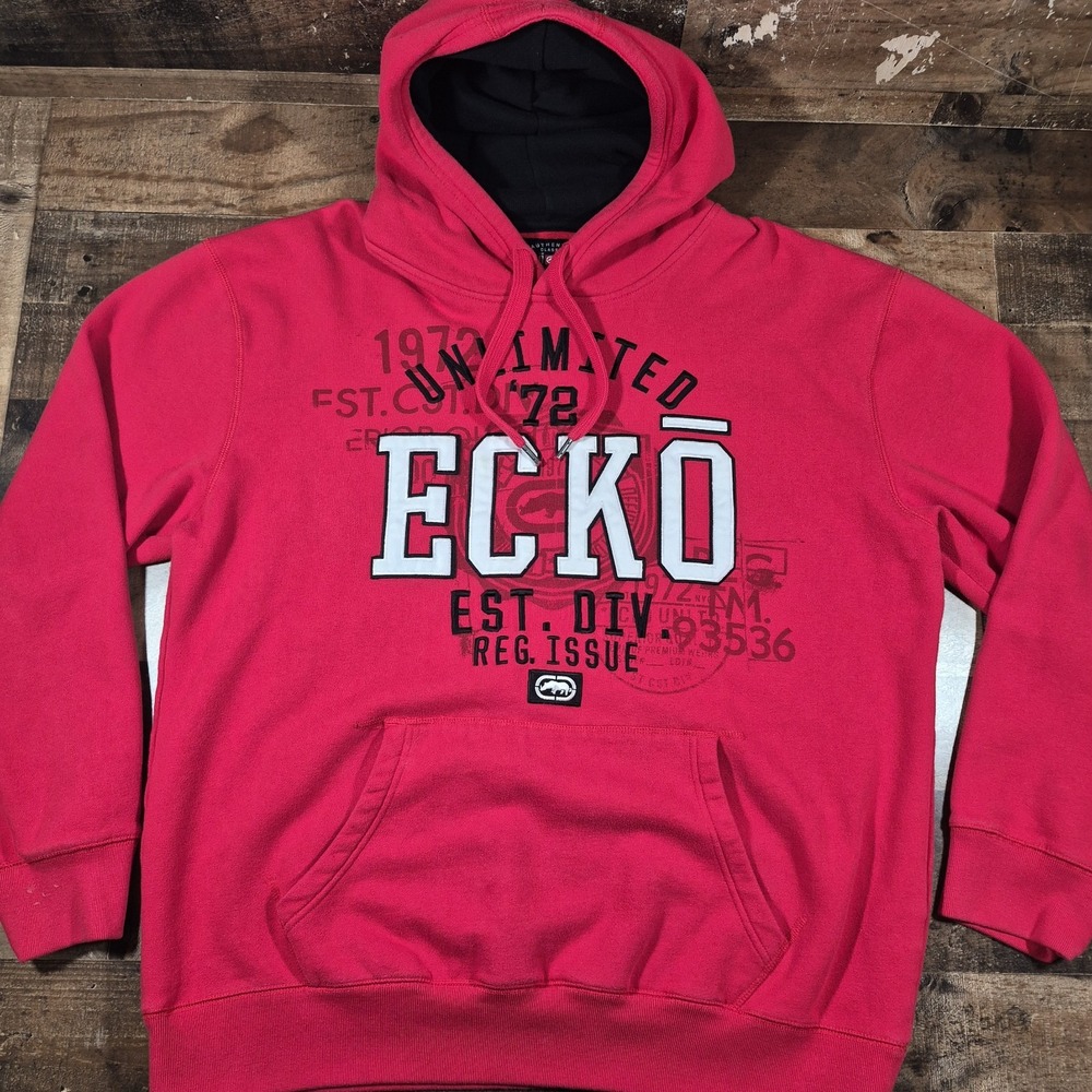 Vintage Ecko Unltd Hoodie Mens 2XL Red Y2K Pullover Sweatshirt Rhino Grunge